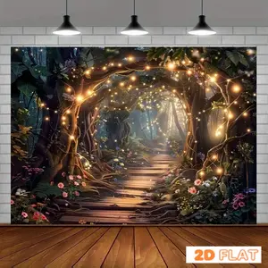 1pc Enchanted Forest Scene Backdrop Banner - Polyester Fabric with Glowing Fairy Lights, Lush Greenery & Vibrant Flowers, No Electricity Needed, Perfect for Parties, Weddings, and Photo Sessions, Photo Backdrop | Enchanting Atmosphere | Durable Backdrop,