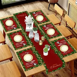 Christmas Table Runner Set, 5-7 Piece Linen Material, Festive Holiday Decorations, Dining Room & Party Use, Elegant Design