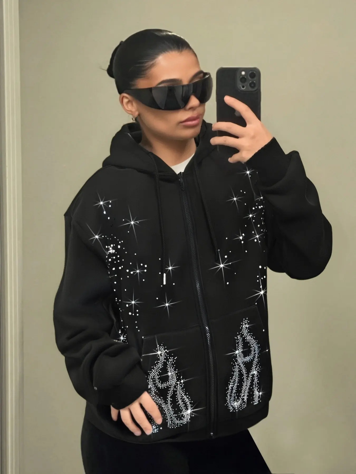 Women's Crystal Rhinestone Hoodie, Long Sleeve Fleece Pullover, Loose Fit, Flame Print, Spring Fashion, Graduation & Back to School Wear