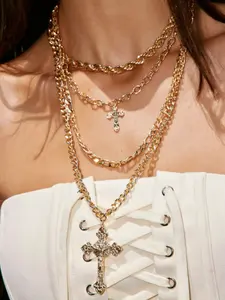 Multi-Layer Cross Pendant Necklace, Vintage Style Easter Jewelry, European & American Fashion Accessory for Women, Dainty layering jewelry