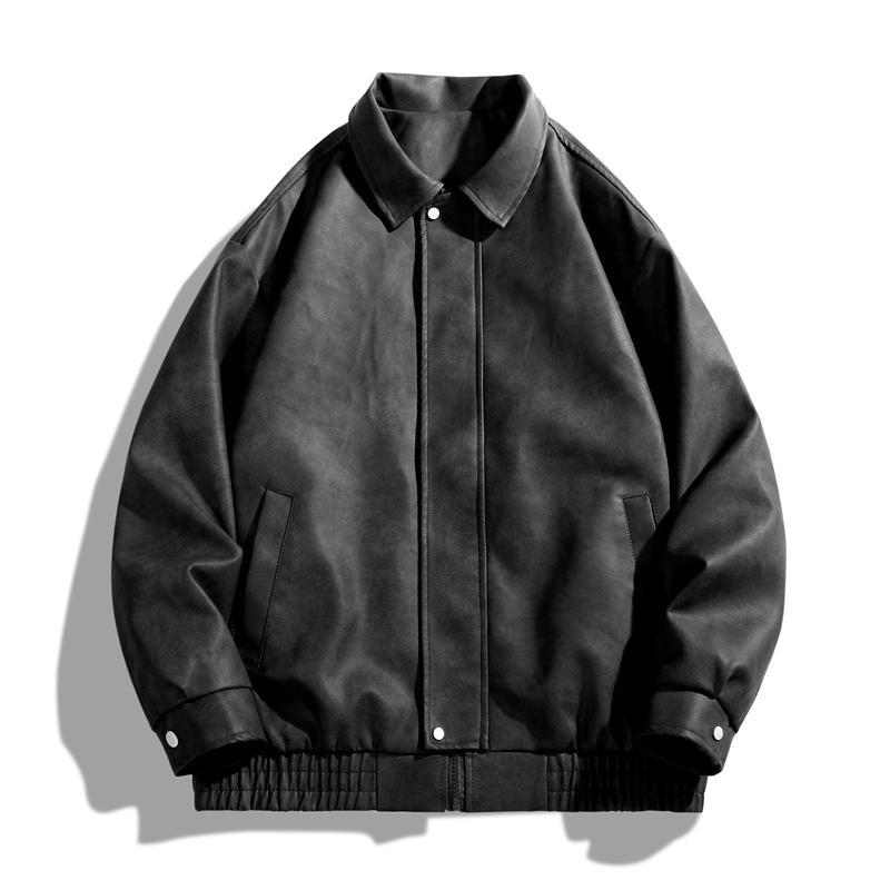 Academic Style American Vintage Solid Color Niche Design Motorcycle Flight Jacket PU Leather Coat Turn-down Collar Casual Loose Versatile Unisex Jacket Outerwear Long Sleeve Classic