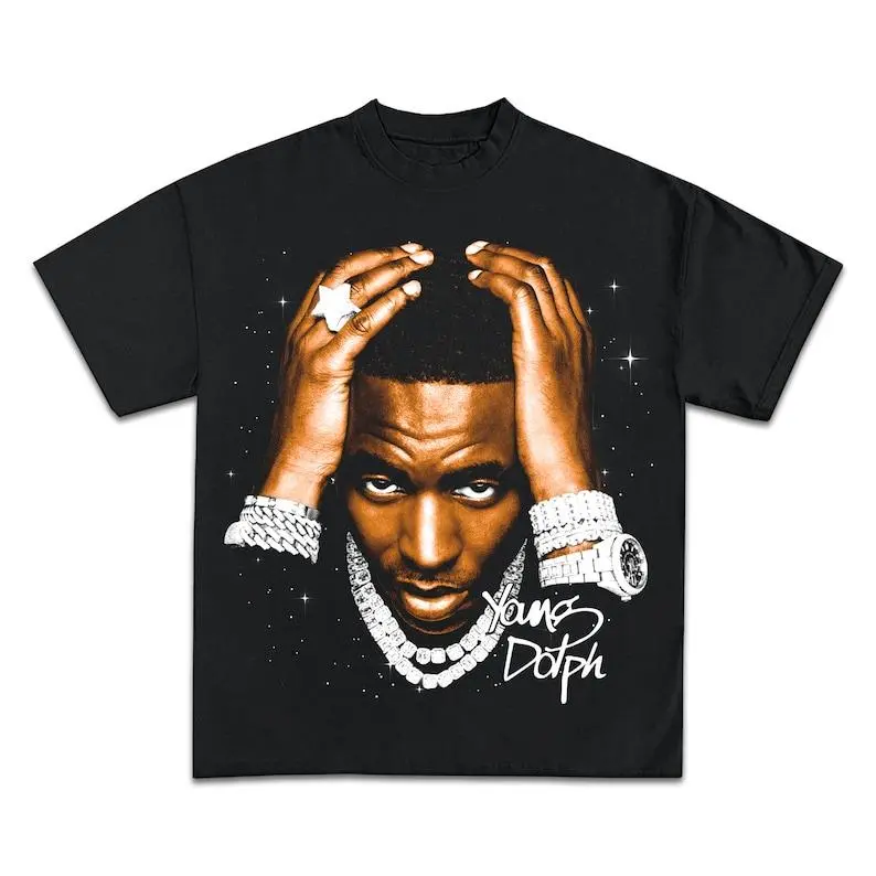 Men's Young Dolph Graphic Round Neck T-Shirt - Heavy Cotton Hip-Hop Streetwear, Classic Fit Short-Sleeve Top for All Seasons