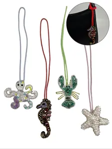 Handmade Beaded Cloth Patch Bag Charm Set, Starfish, Shrimp, Seahorse, Octopus Designs, Decorative Accessories for Handbags & Purses, Sparkly Bag Charm