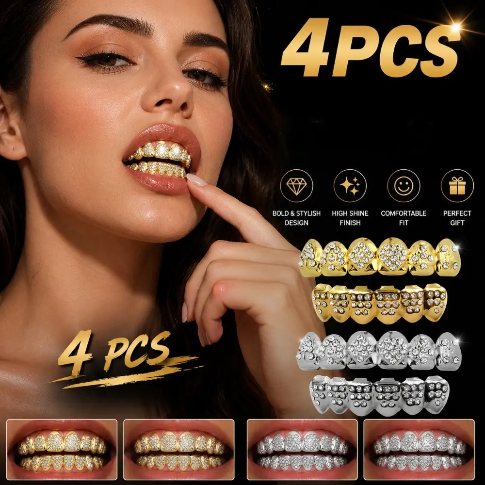 4Pcs Unisex Hip Hop Teeth Caps Set Punk Removable Grillz Set with Golden & Silvery Gothic Sparkling Cubic Zirconia Rapper Costume Jewelry Poker Inspired Teeth Fashion Accessories Dance Performances Mouth Jewelry