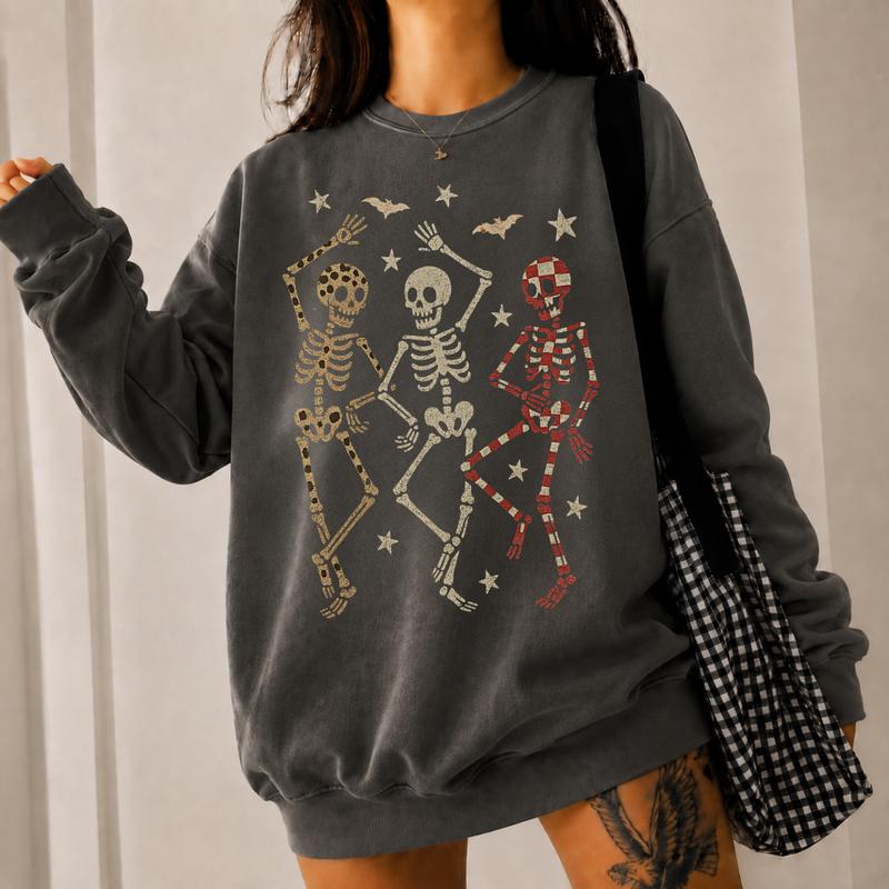 Vintage Dancing Skeleton Halloween Sweatshirt, Retro Spooky Season Crewneck, Gothic Skeleton Graphic Pullover, Halloween Gift for Women
