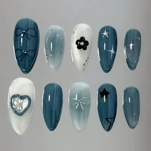 Blue Aura Press On Nails – Celestial Star Heart Almond Glossy Reusable Fake Nails