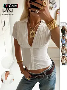 Women's Plain Shirt Blouse, Casual Short Sleeve Top for Daily Wear, Ladies Clothes for Summer
