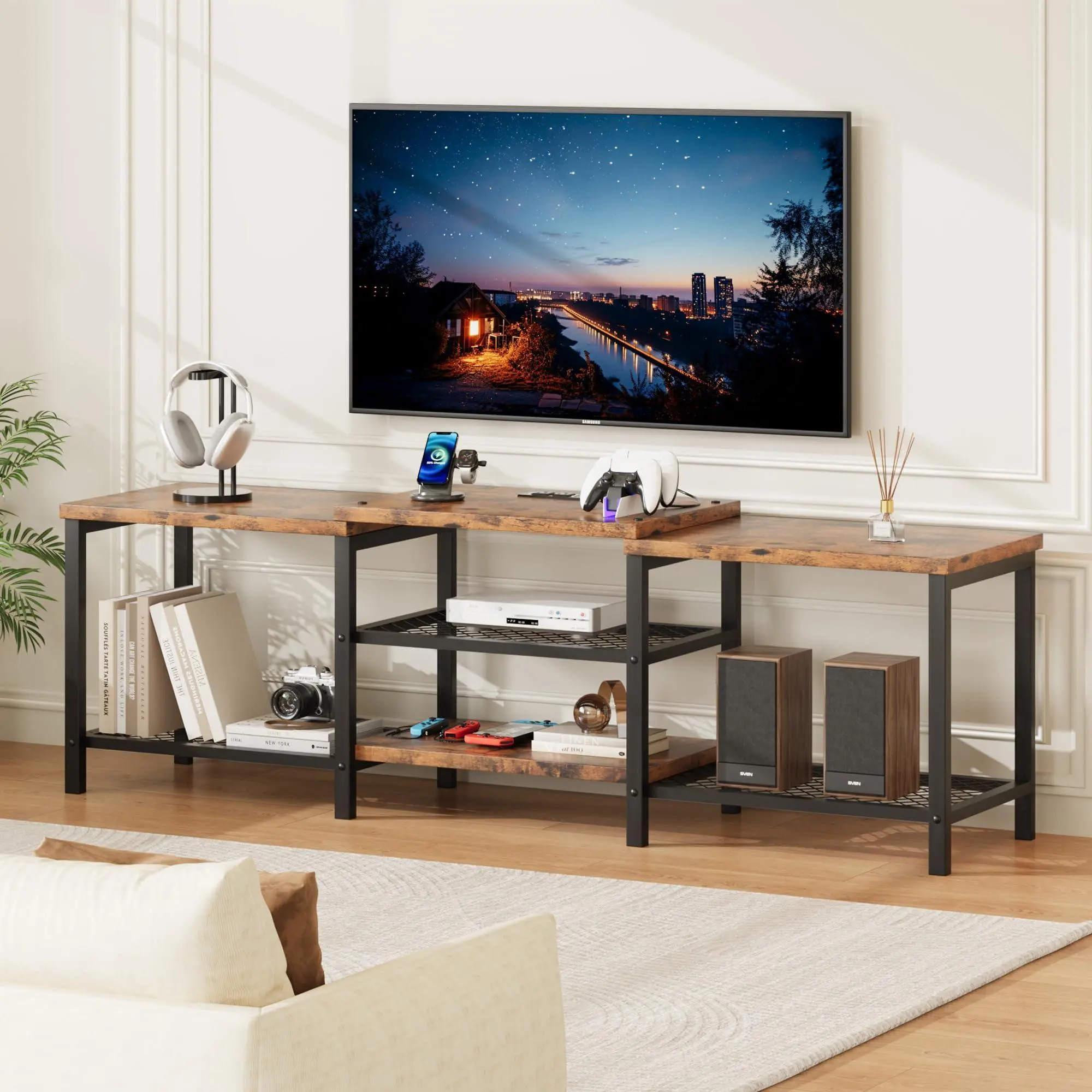 TV stand for televisions up to 75 inches – Modern media furniture with LED lighting, power outlet – Open shelves – Ample storage space as a TV console or living room cabinet – Brown