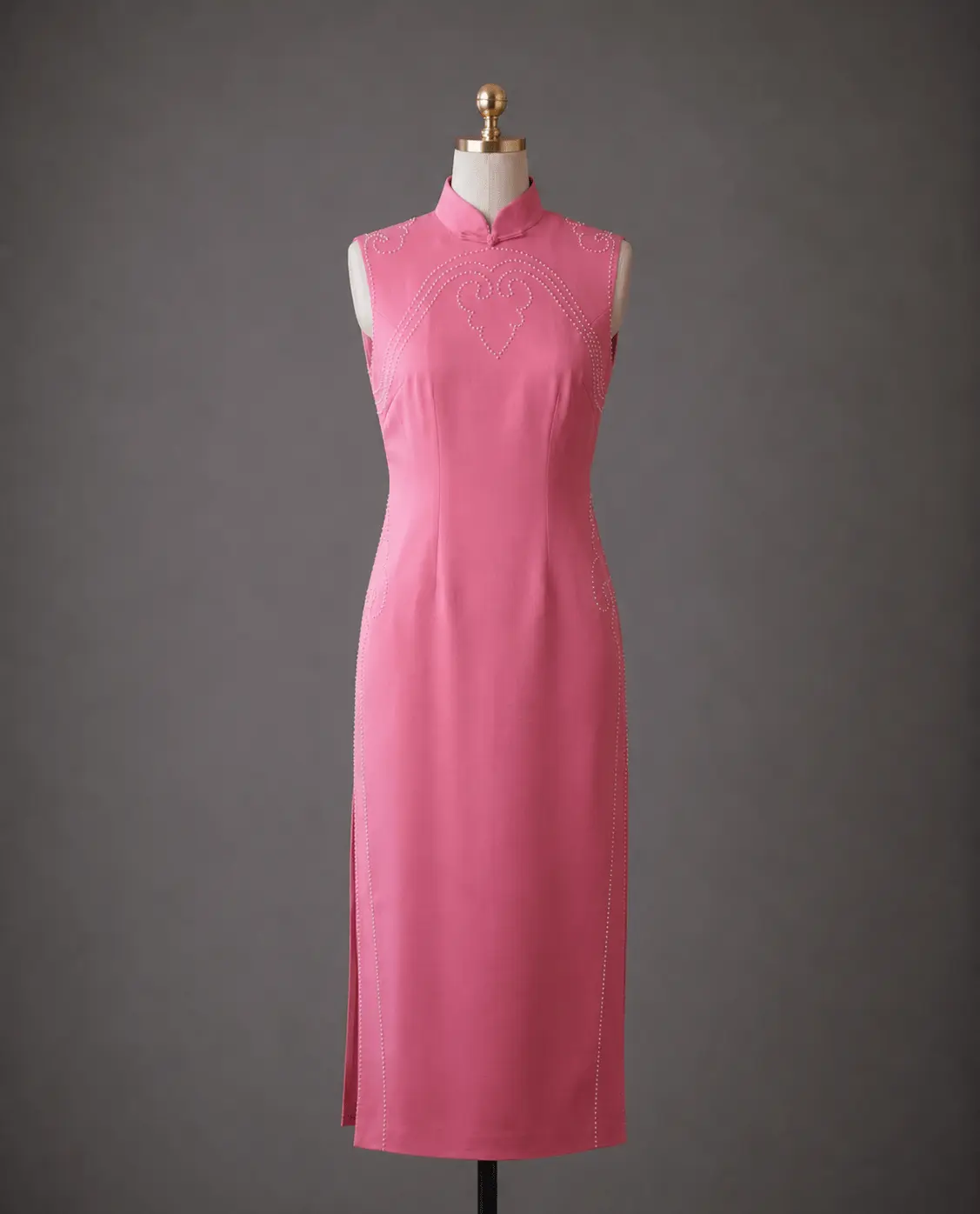 Baby Pink Silk Crepe Qipao with Hand Embroidered Pearl Heart