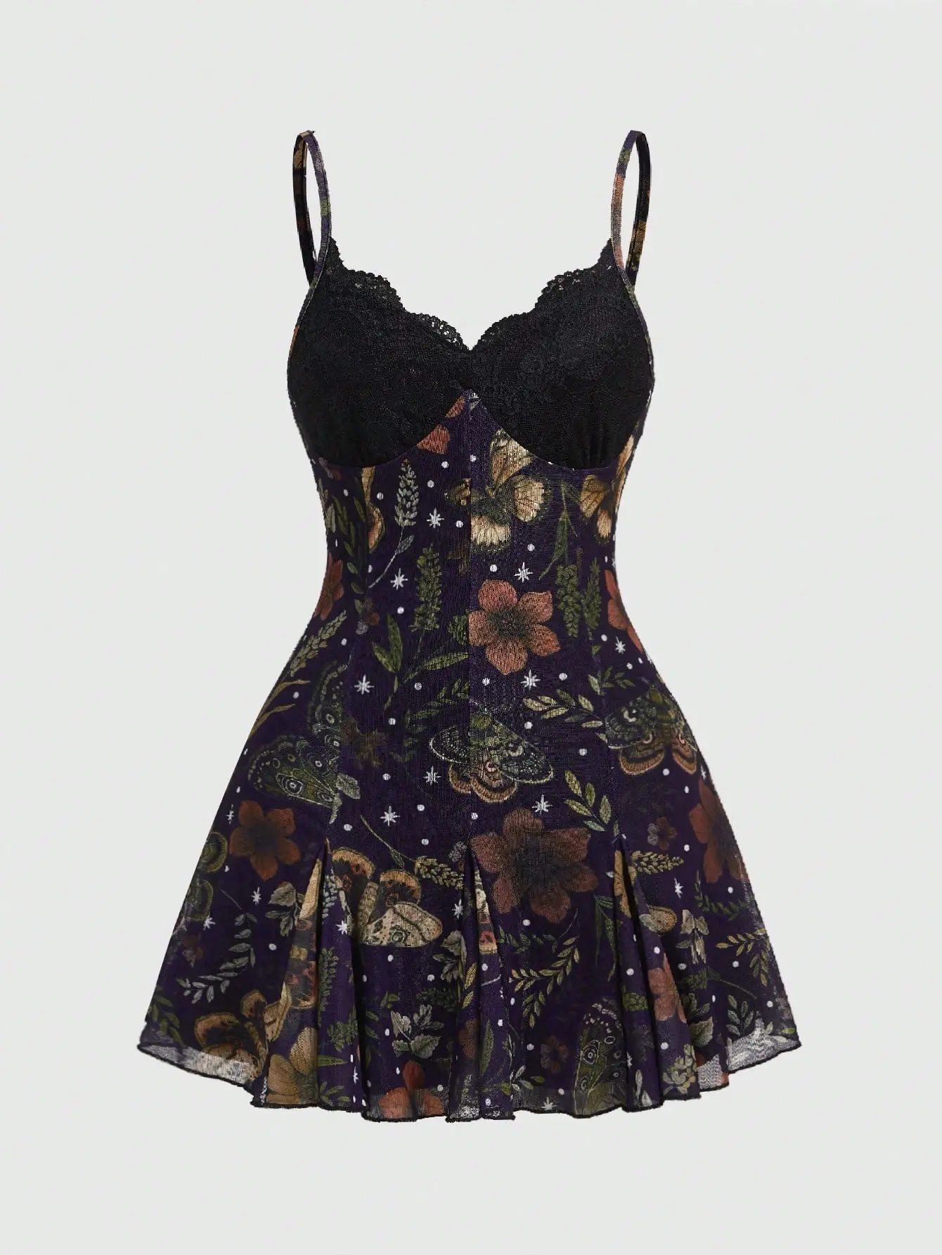 VYNCE Bohemian Gothic Fairycore Summer Vacation Black Dark Floral Romantic Print Loose Fit Spaghetti Strap Mini Dress Cottagecore Aesthetic