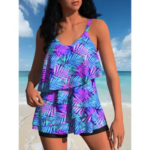 The New European And Ladies Fashion Casual Texture Print Cover Belly Slimming Beach Seaside Tankini Set