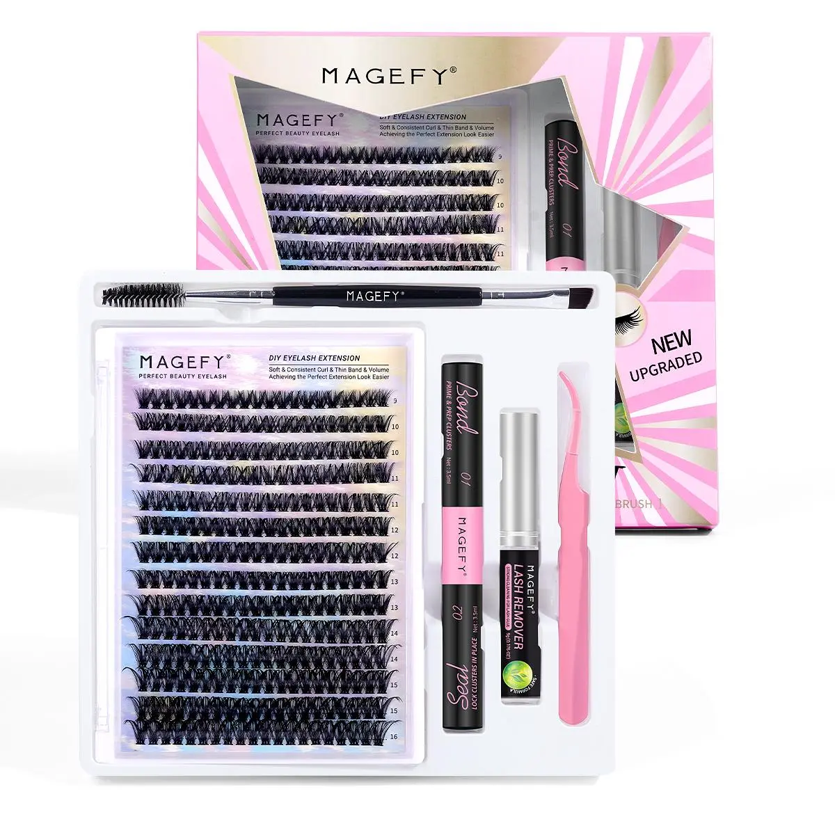 MAGEFY 40D Volume DIY Lash Extensions Kit With Bond & Seal, Tweezers,Lash Glue Remover, Dual-end Eyeliner Eyebrow Brush 9-16mm 280pcs Cluster False Eyelashes 9-16mm Fluffy Wispy Fake Eyelashes DIY Individual Volume Soft Hair Trays Eye Makeup Tool