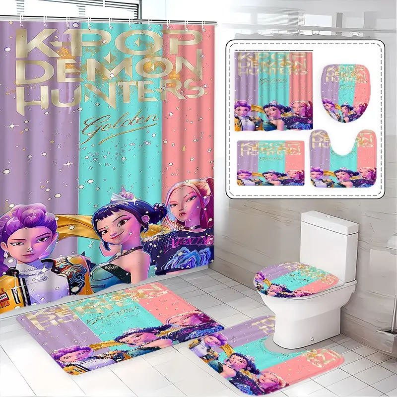 Creative K-Pop Demon Hunters Shower Curtain Set, Bathroom Accessories Kit with Mat, Toilet Lid Cover, Hooks, Two Sizes Available