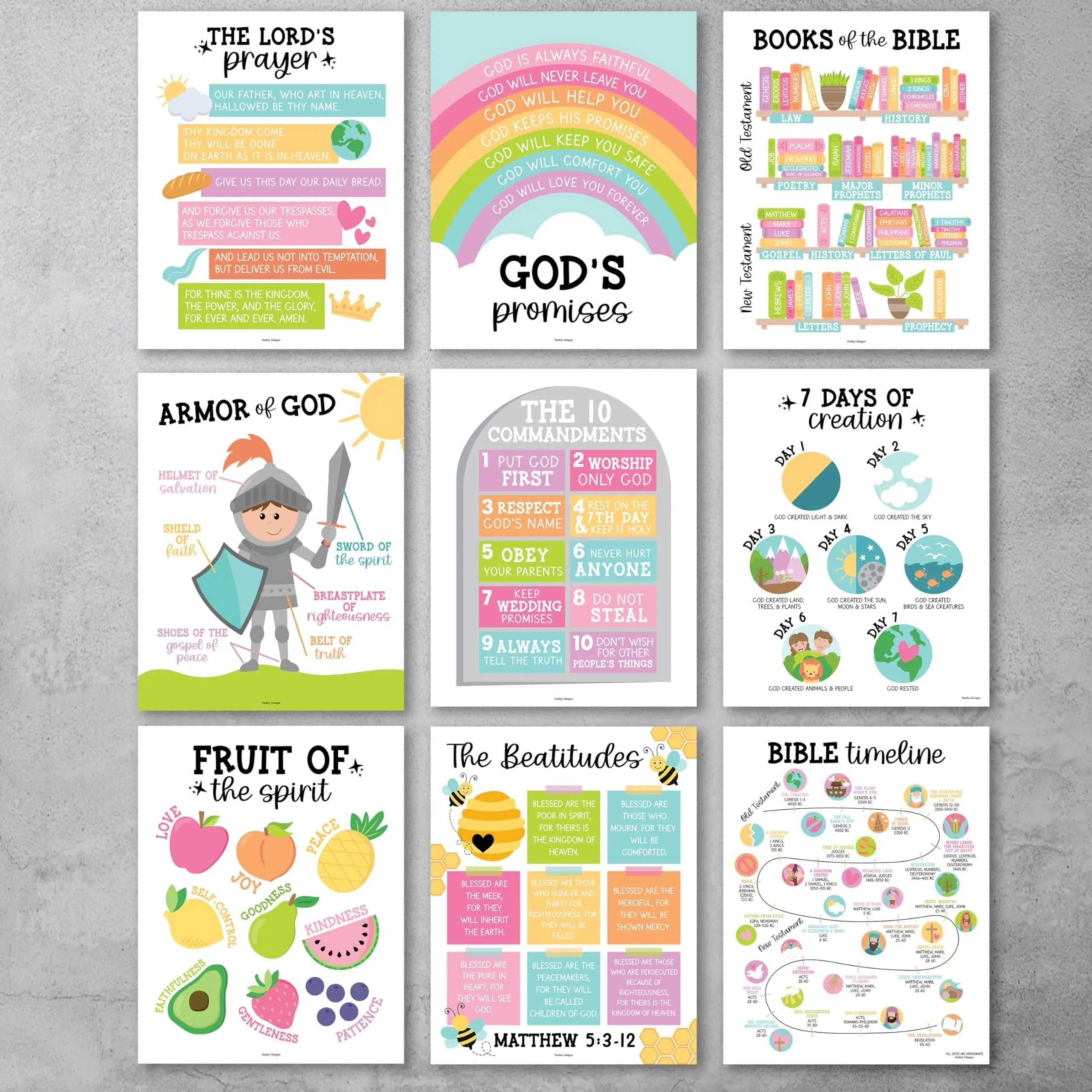 Hadley Designs Bright Pastel Art Posters - Set of 9, Faith-Focused Theme, 10 Commandments Wall Decor, 11x14 Size Suits Walls, Bible Study Supplies, Sunday School Learning Tool with Lifetime Replacement Guarantee