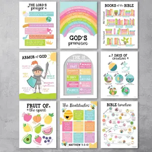 Colorful Pastel Bible Posters| Set of 9 | Sunday School Classroom Sticker Decorations Learning Tool
