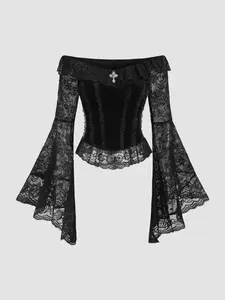 Gothic Palace Style Cross Decoration Lace Flounce Sleeve off Shoulder Velvet Fitted Women's Shirt, Tops, Classic High-End Fashion Dress