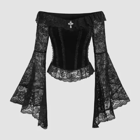 Gothic Palace Style Cross Decoration Lace Flounce off Shoulder Velvet Fitted Women's Shirt, Long Sleeve Tops, Blouse, Classic High-End Fashion Dress