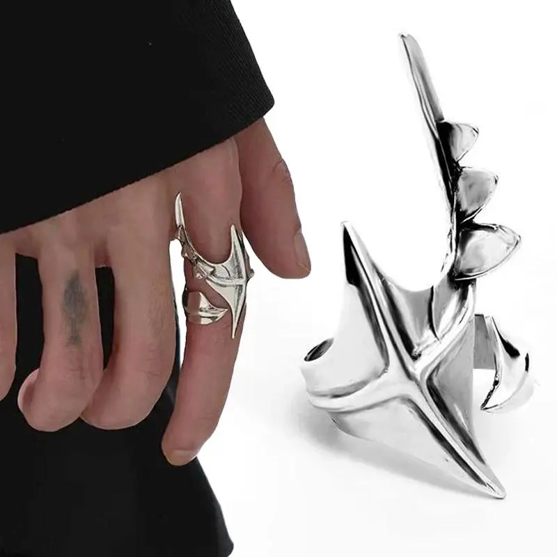 Unisex Silver Cyberpunk Alien Irregular Metal Adjustable Ring - Exaggerated Opening, Hip-hop Party & Carnival Costume Jewelry Accessory, No