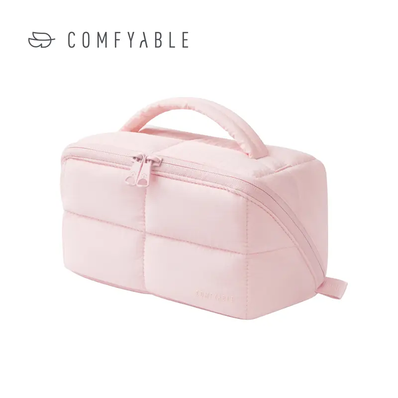 COMFYABLE Women's Puffy Nylon Water-Repellent Makeup Travel Organizer, Portable Cosmetic Bag with Flat-Open Access, Compact Design Make-Up Bag for International Travel, Cute Girly Gifts