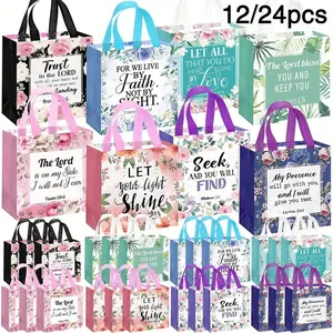 12/24-Pack Inspirational Bible Verse Floral Gift Bags with Handles – Reusable Non-Woven Christian Gift Bags, Ideal for Women, Weddings, Bridal Shower Gift, and Birthdays | Pink, Purple, Blue, Green, Floral Designs