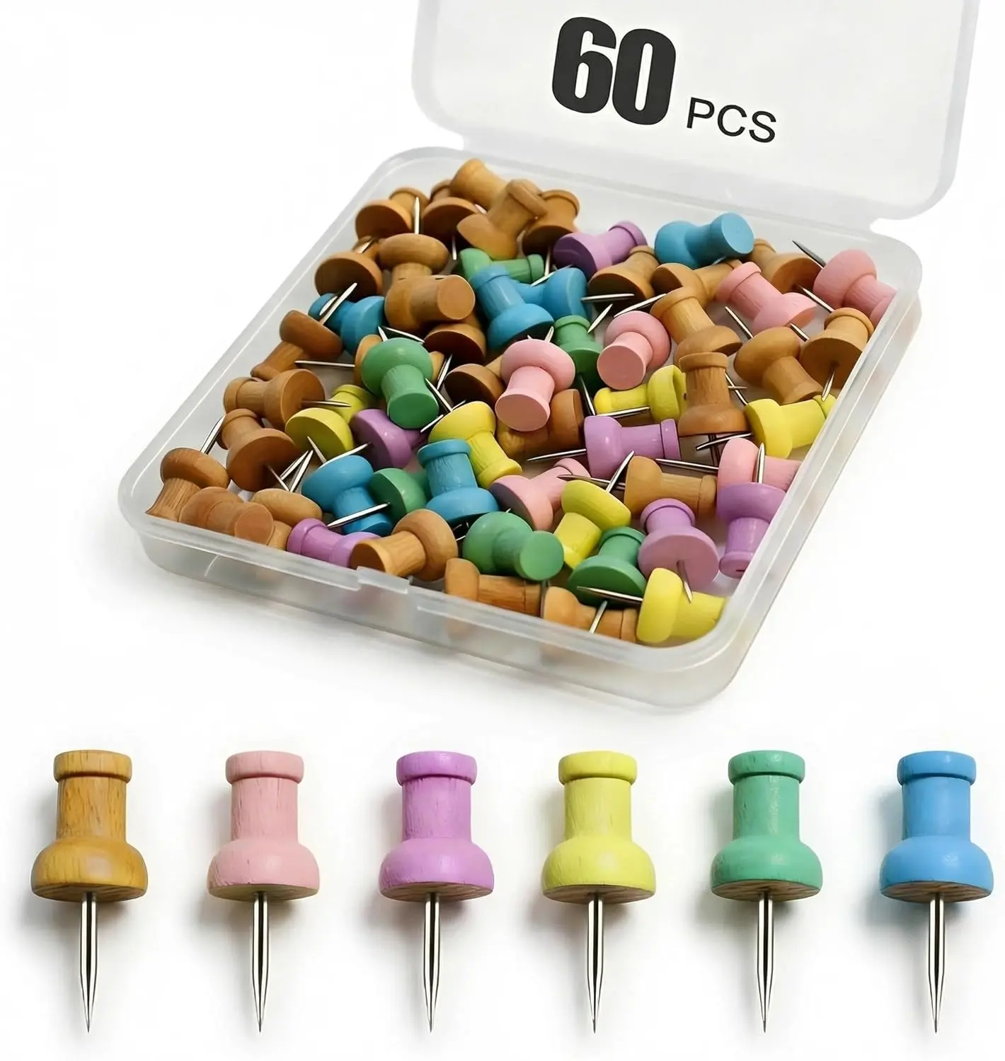 Mother Day Gift Colorful Wood Push Pins, Decorative Wooden Thumb Tacks for Cork Board and Bulletin Board, Map Pins for Wall, 60 Pieces