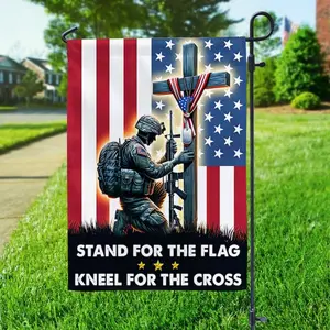 "Stand for the Flag, Kneel for the Cross" Garden Flag | 12x18 Double Sided Patriotic Soldier & Cross Burlap Yard Decor | Veteran & Faith Memorial Flag