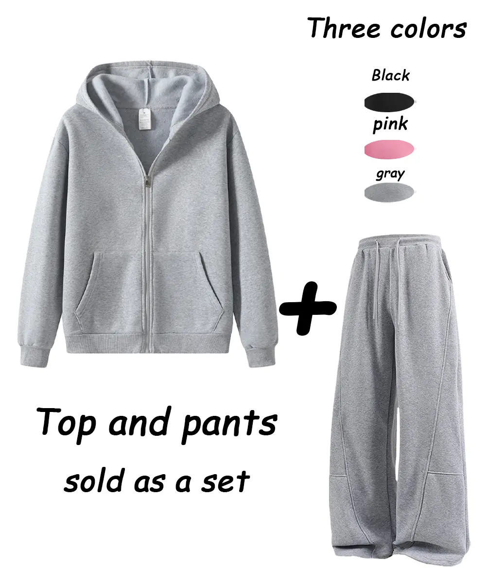 Full-zip hooded sweatshirt and wide-leg pants set, solid color loose fit with drawstring, American casual athletic home wear for running, matching couple set