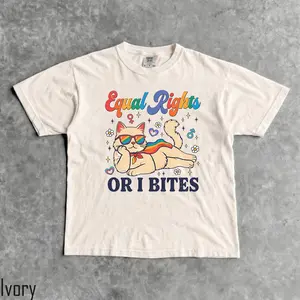 Comfort Colors Equal Rights or I Bites Shirt, Feminist Cat Shirt, Rainbow Pride Tee, Lesbian & Gay Pride Apparel, LGBTQ Ally Gift - DarkFlex