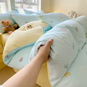 3/4pcs Japanese Lazy Style Puff Texture Bedding Set, Soft Washed Fleece Touch, Duvet Cover Sheet Pillowcase, All Seasons Home Bedding