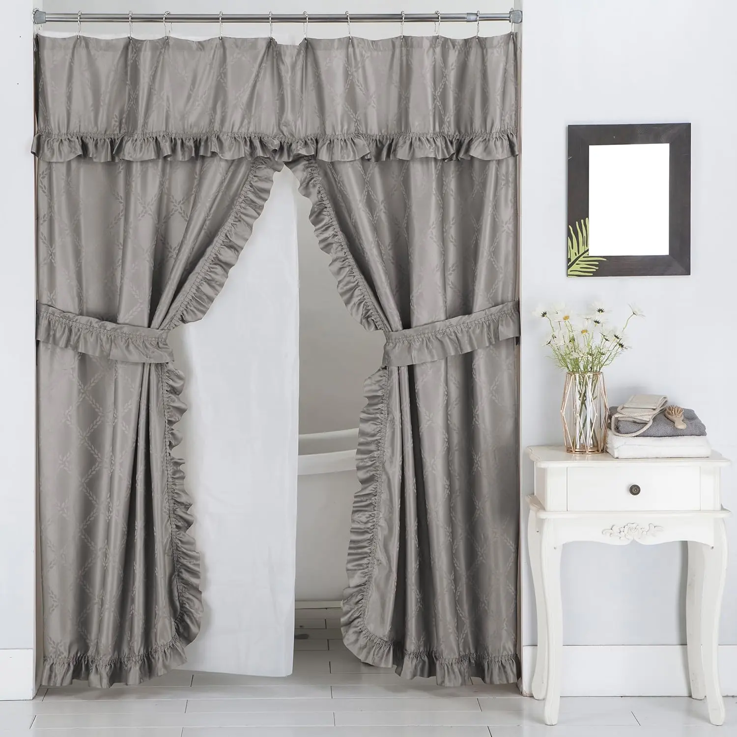 Double Swag Ruffled Fabric Shower Curtain Set, Intersected Leaves , PEVA Liner and Roller Rings (Grey)