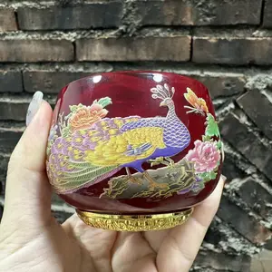 Red Porcelain Tea Cup with Peacock and Floral Design Handcrafted in Gold Trim