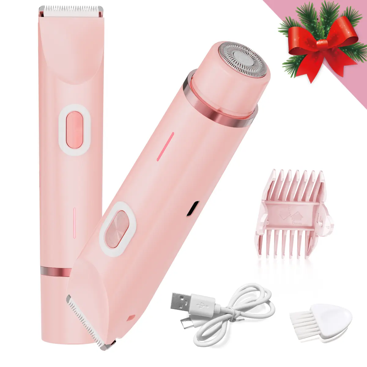 Women's 2-in-1 Hypoallergenic Electric Razor - USB-Rechargeable Body & Face Hair Remover with Stainless Steel Blades, Guide Brush, Detachable Design, Waterproof, Cleaning Function, Sensitive Skin Safe for Daily Use (Single Item)