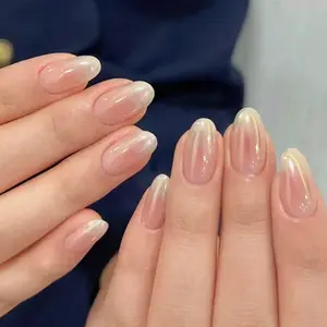 24pcs Almond Shape Glossy Fake Nails, Stylish Acrylic Press On Nails, Short Round Design, Easy Apply & Remove Nail Art, Perfect for Office & Business Meetings
