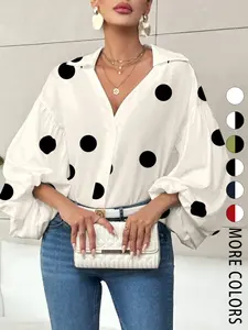Women's French Polka Dot Blouse, Fitted Round Neck Lantern Sleeve Shirt, Casual Everyday Top, Casual Vacation Commute Wear, Spring & Fall Fashion