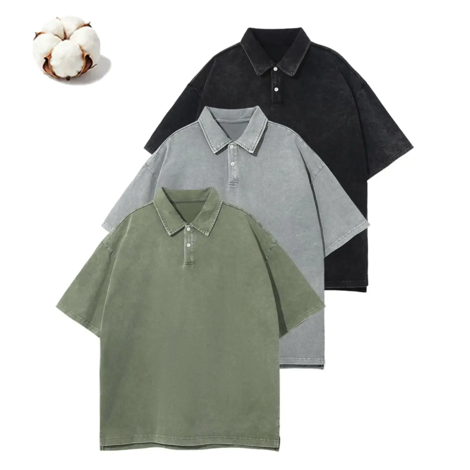 Unisex 3PCS Mens Polo Shirts Cotton Acid Wash Oversized Tshirts Vintage Short Sleeve Baggy Tees Top Casual Biker Beige Plain Short Sleeve Womenswear Streetwear Tropical T-Shirt outfit Shortsleeve Classic Breathable Loose