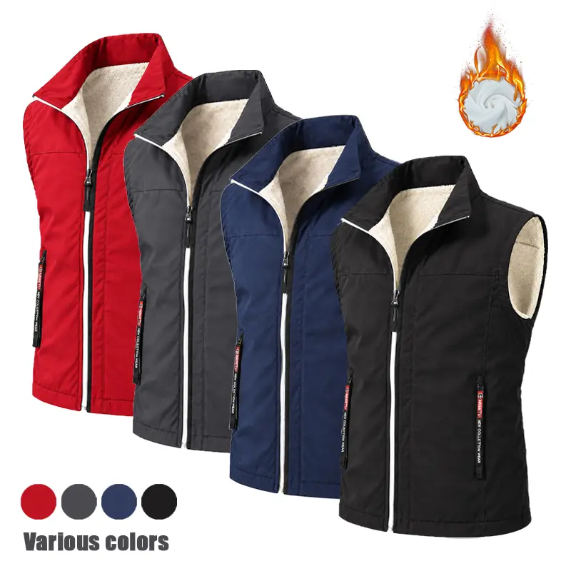 Men's Fleece Lined Vest, Zip Up Stand Collar Warm Gilet, Windproof Casual Sleeveless Outerwear with Functional Zipper Pockets, Thermal Winter Vest for Work Hiking Camping Daily Travel Outdoor Cold Weather Wear