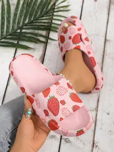 Women's Summer Strawberry Print Slippers, Thick Soft Sole Non-Slip Comfortable Outdoor Casual Sandals, Beach Holiday Unisex Cool Shoes