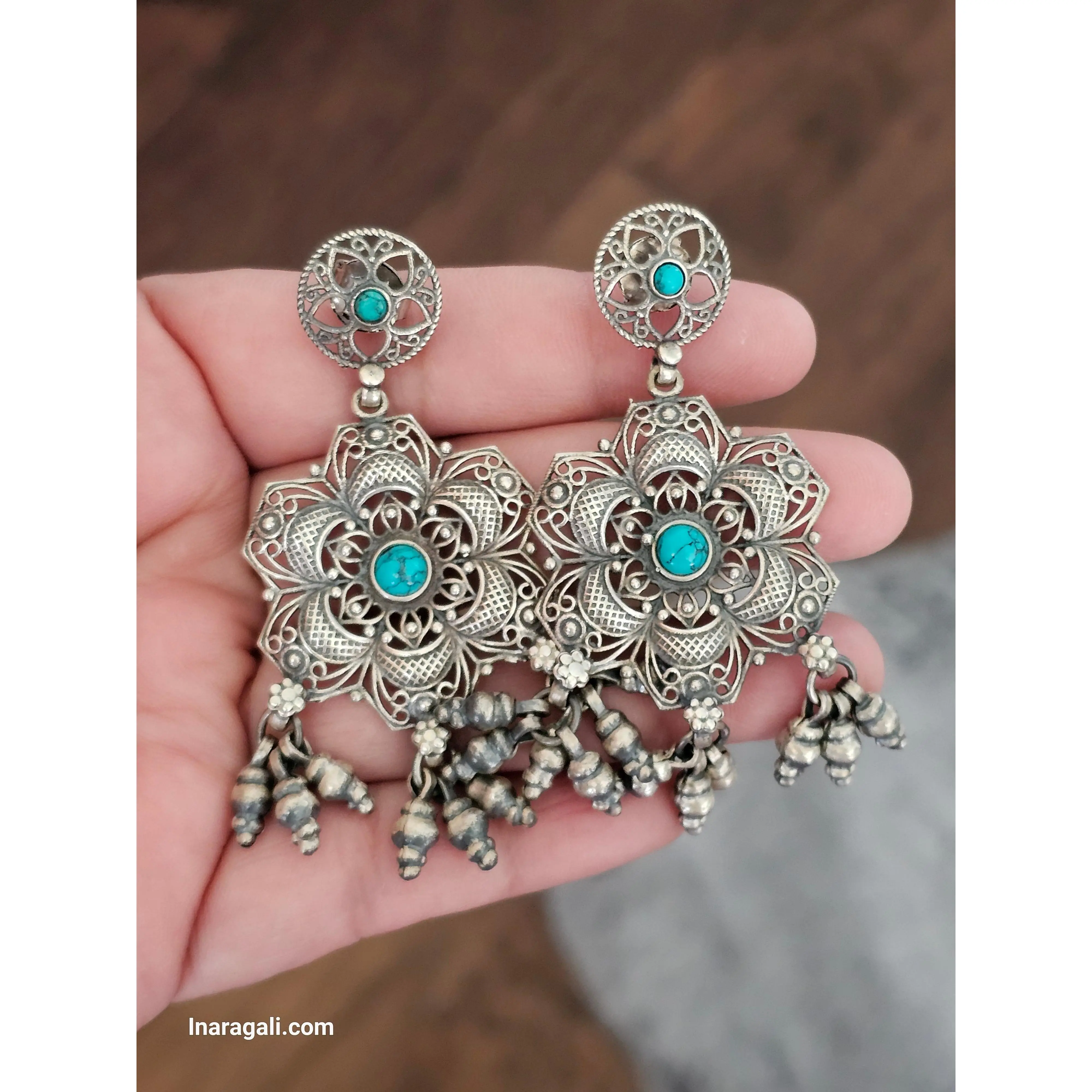 Turquoise Flower Silver Earrings Jhumka