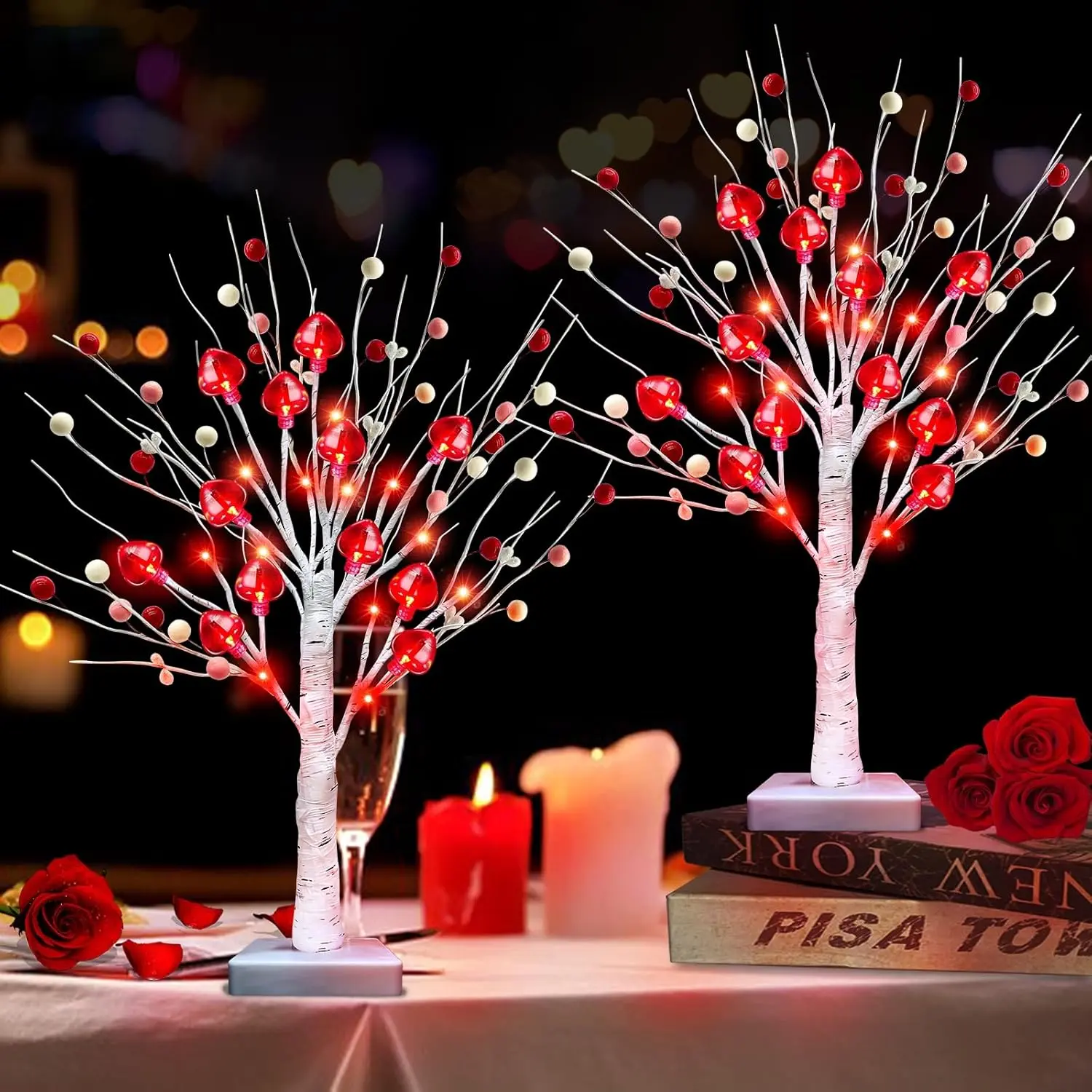 Prelit & Timer - Valentines Day Decorations, 2 Pack 18 Inch Christmas Valentines Day Tree Tabletop Lighted Birch Tree 24 LED Red Lights Heart Berries Battery Operated Valentine Decor Home Table Party TURNMEON