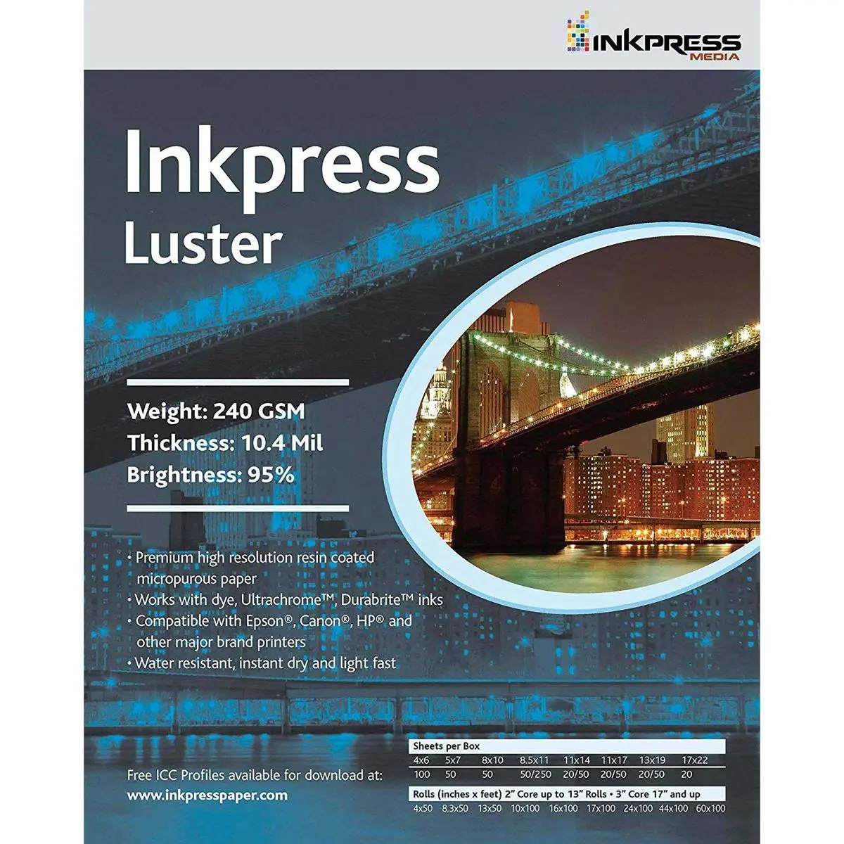 Inkpress Luster Premium Single Sided Bright Resin Coated Photograde Inkjet Paper, 10.4mil., 240gsm., 11x14", 20 Sheets
