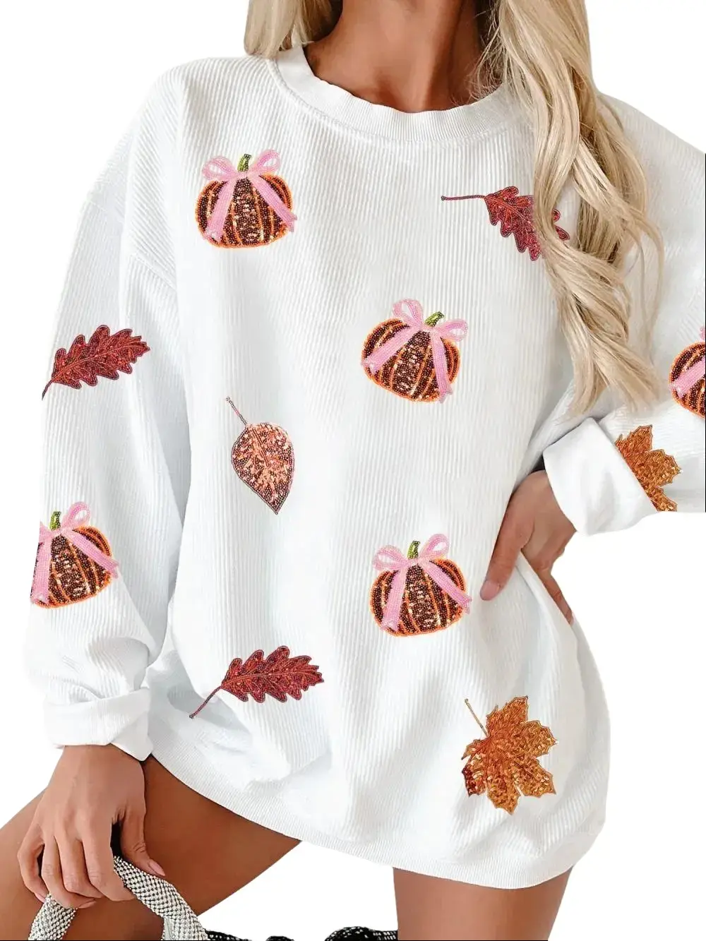 PHEFEE Women's Sequin Pumpkin Graphic Sweatshirts Fall Long Sleeve Round Neck Casual Oversized Pullover Tunic Tops