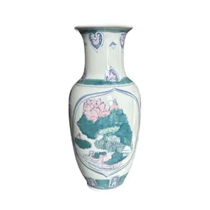 Tall Chinoiserie Chinese Ceramic White Vase with Hand Painted Ducks and Flowers