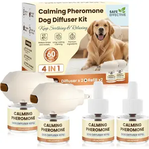 Dog Pheromones Calming Diffuser 4 IN 1 Kit (2 Diffusers+2 Refills) Pheromone Plug In for Dogs Relieve Separation Anxiety Stress Barking Chewing Aggression Pee Accidents 60 Days Odorless