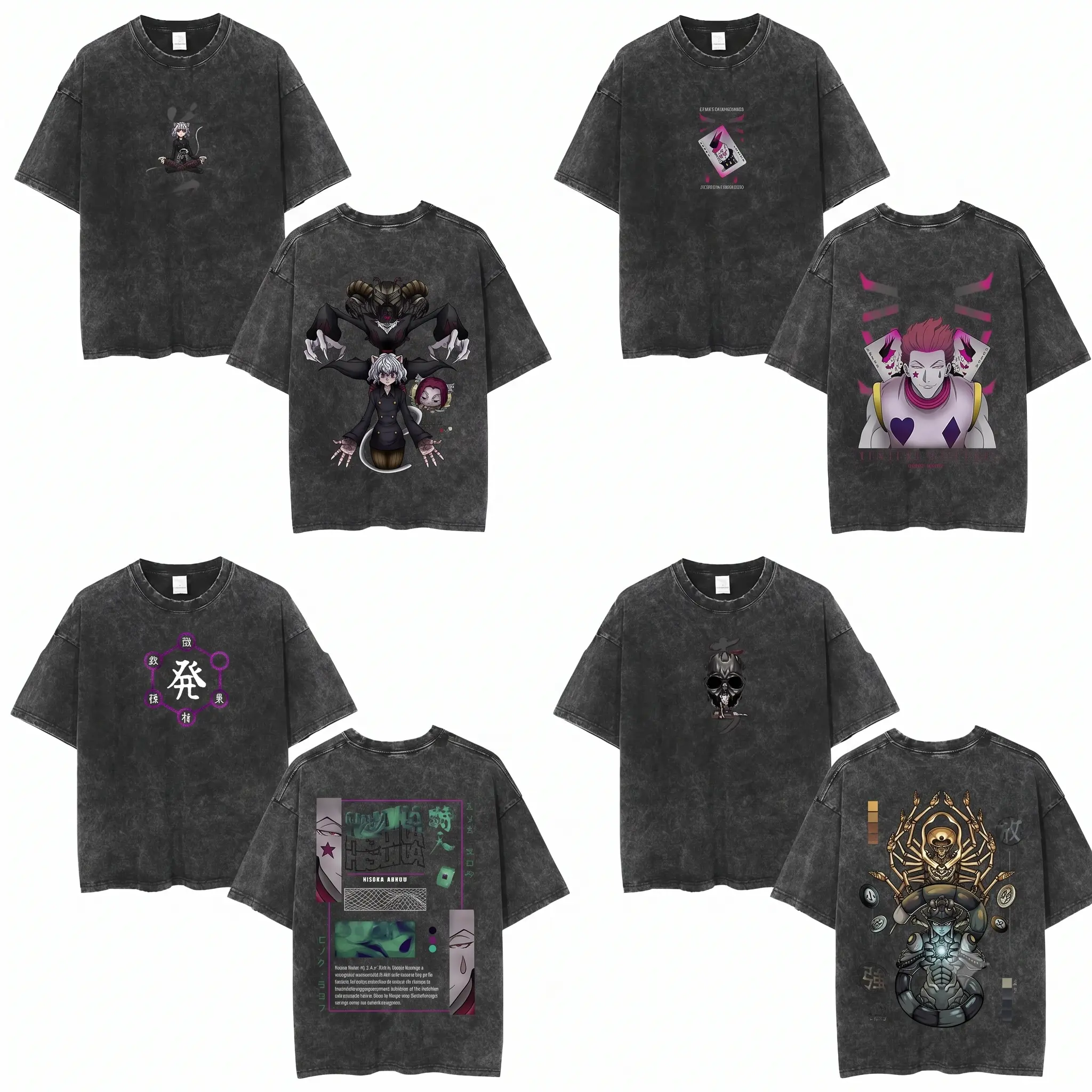 Hunter x Hunter Shirt, Neferpitou Hisoka Meruem Chimera Ant fashion wear Oversized Tshirt, Vintage Anime Graphic Tee, Acid Wash Streetwear, Neferpitou Doctor Blythe Hisoka Joker Card Purple Nen Diagram Meruem King Front Chest Print Back Graphic Top sohoch