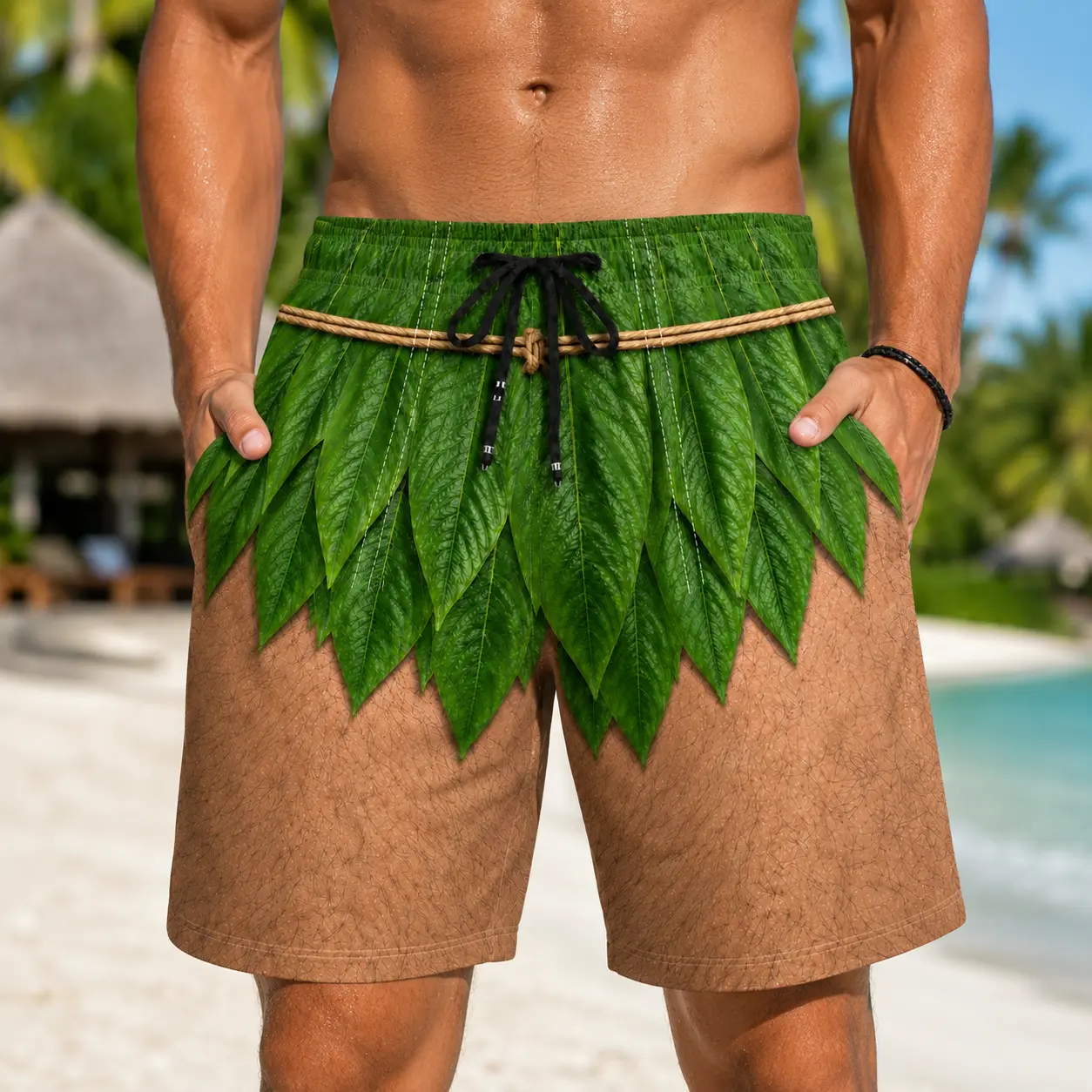 Tropical Leaf Skirt Swim Shorts, Funny Jungle Costume Board Shorts, Men’s Novelty Beachwear, Summer Vacation Pool Party Outfit
