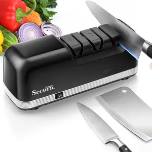 3-Stage Electric Knife Sharpener with Abrasives and Angle Guides, Sharpening Tool for Straight Edge and Knife, Black