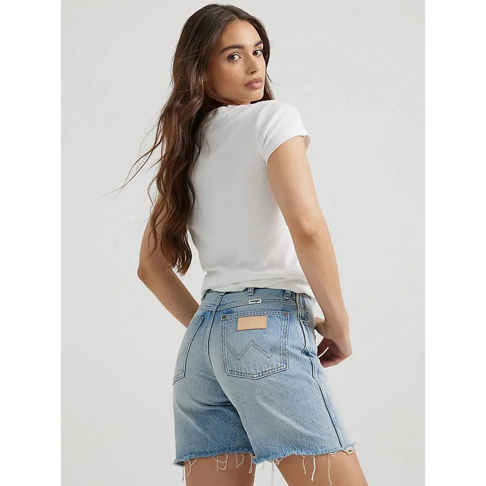 Wrangler Women's High-Rise Cowboy Bermuda Jeans Shorts, Casual 100% Cotton Longline Fit with Frayed Hem
