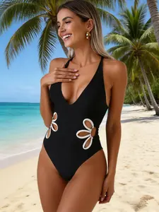 Women's Trending 1-Piece Swimsuits 2026, European and American Solid Color Sexy Deep V-Neck Breathable Swimsuit - Hollow-Out Side, Backless Design, Ideal for Hot Spring Use, One Piece Swimsuits, Trending Swimsuits 2026