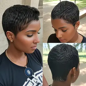 Elegant Women's Elf Wig - 100% Brazilian Remy Human Hair, Short Straight Style, Natural Color, Adjustable Buckle Cap, Non-Toxic, Machine-Made, 6 Inches