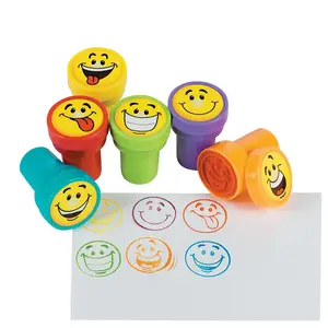 1 1/2" Goofy Smile Face Self-Inking Bright Color Plastic Stampers - 24 Pc.